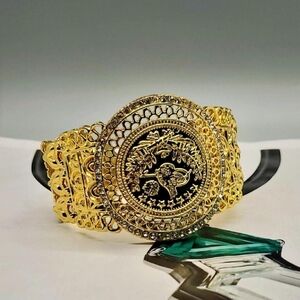 Handcrafted Arabic Crystal Embellished Coin Filigree Gold Cuff Goddess Bracelet⁶